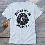 White t-shirt with black "Holler Hound Society" text and dog graphic.