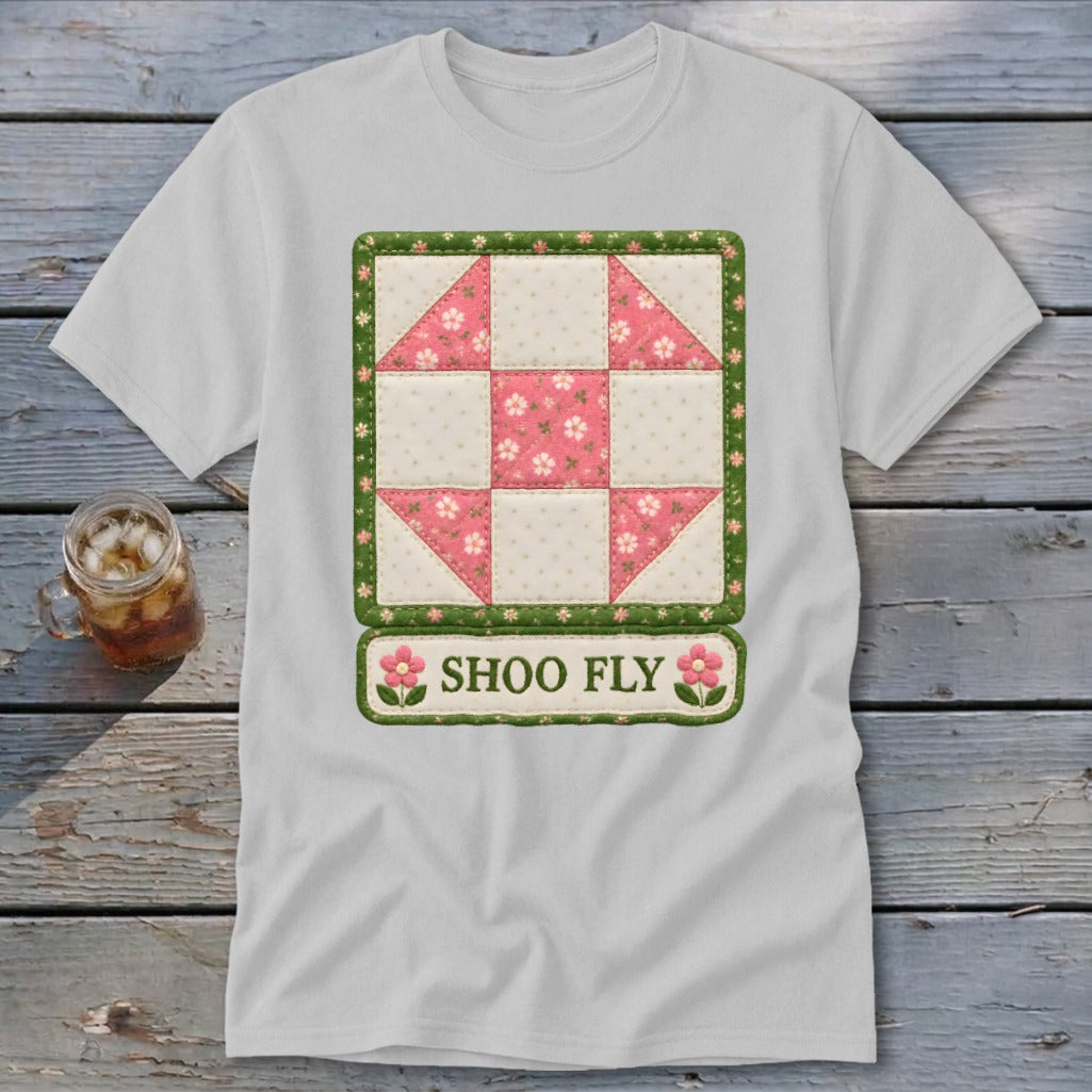 White t-shirt with a Shoo Fly quilt block design and text.
