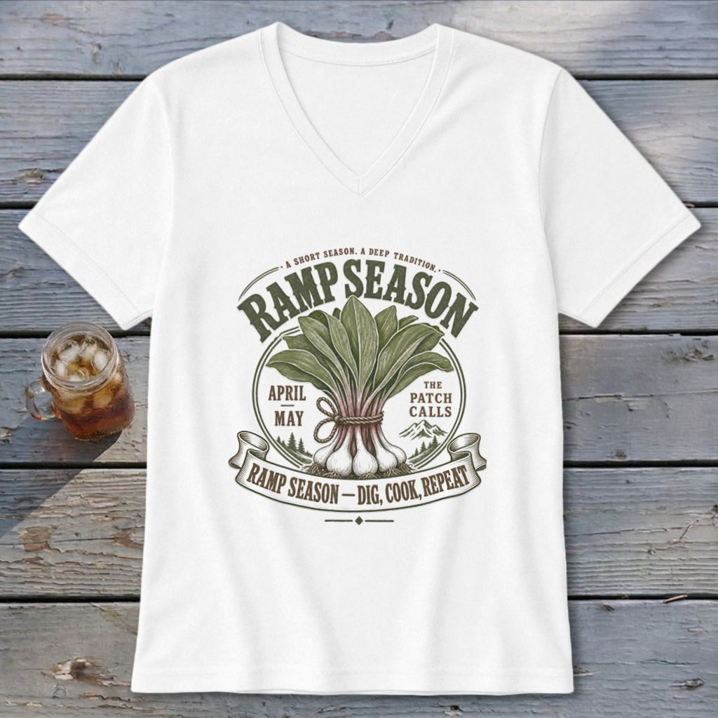 White t-shirt with a circular "Ramp Season" graphic of ramps and mountains.