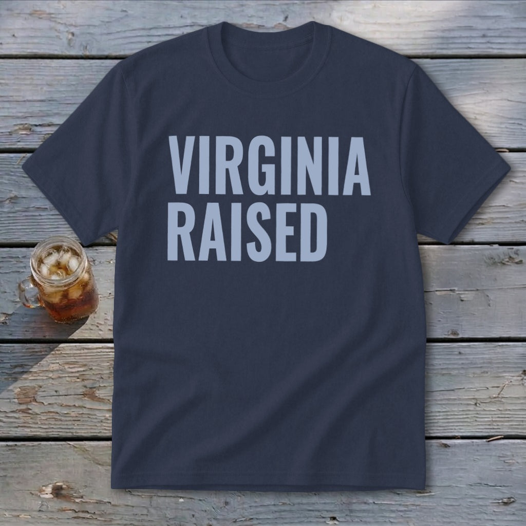 Navy t-shirt with light blue text reading "Virginia Raised".
