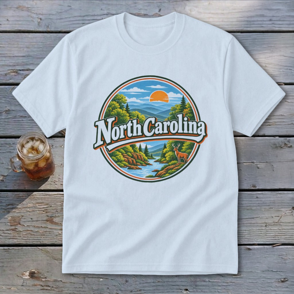 White t-shirt with circular graphic featuring "North Carolina" and a mountain landscape.
