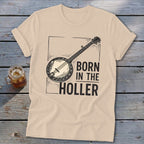 T-shirt with banjo graphic and text "BORN IN THE HOLLER"