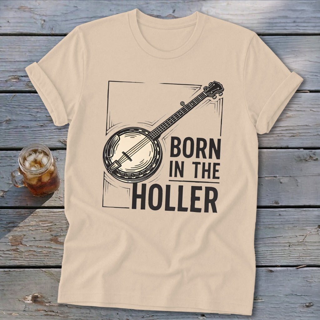 T-shirt with banjo graphic and text "BORN IN THE HOLLER"