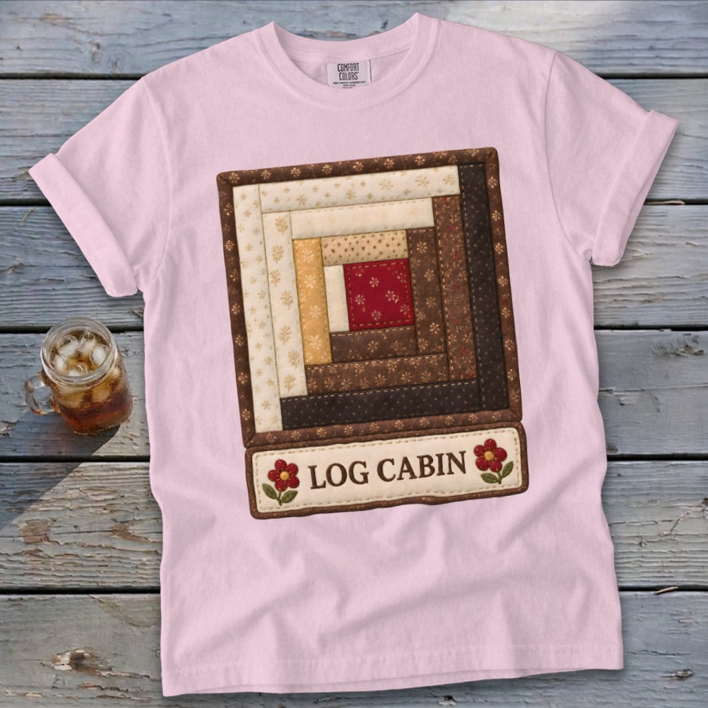 Light pink t-shirt with a log cabin quilt graphic and "Log Cabin" text.