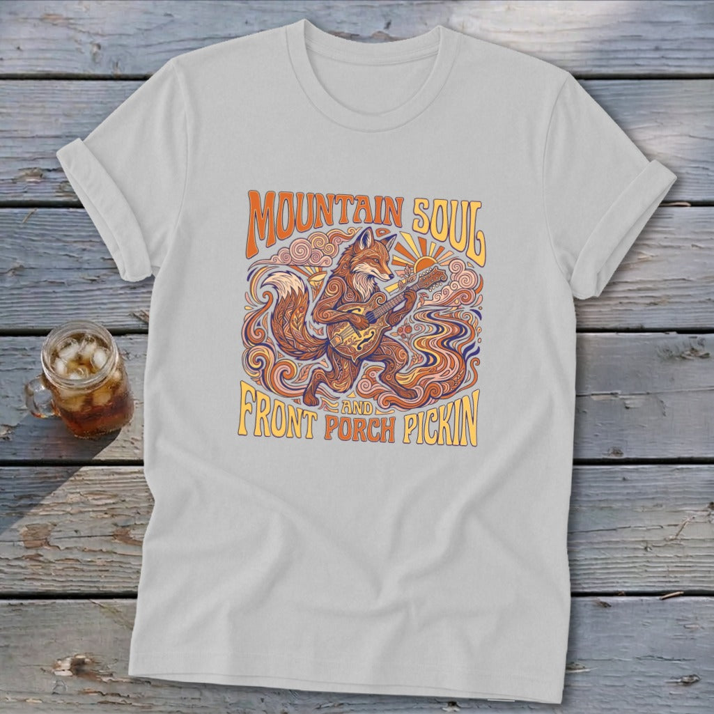 Fox playing guitar with "Mountain Soul and Front Porch Pickin" text.