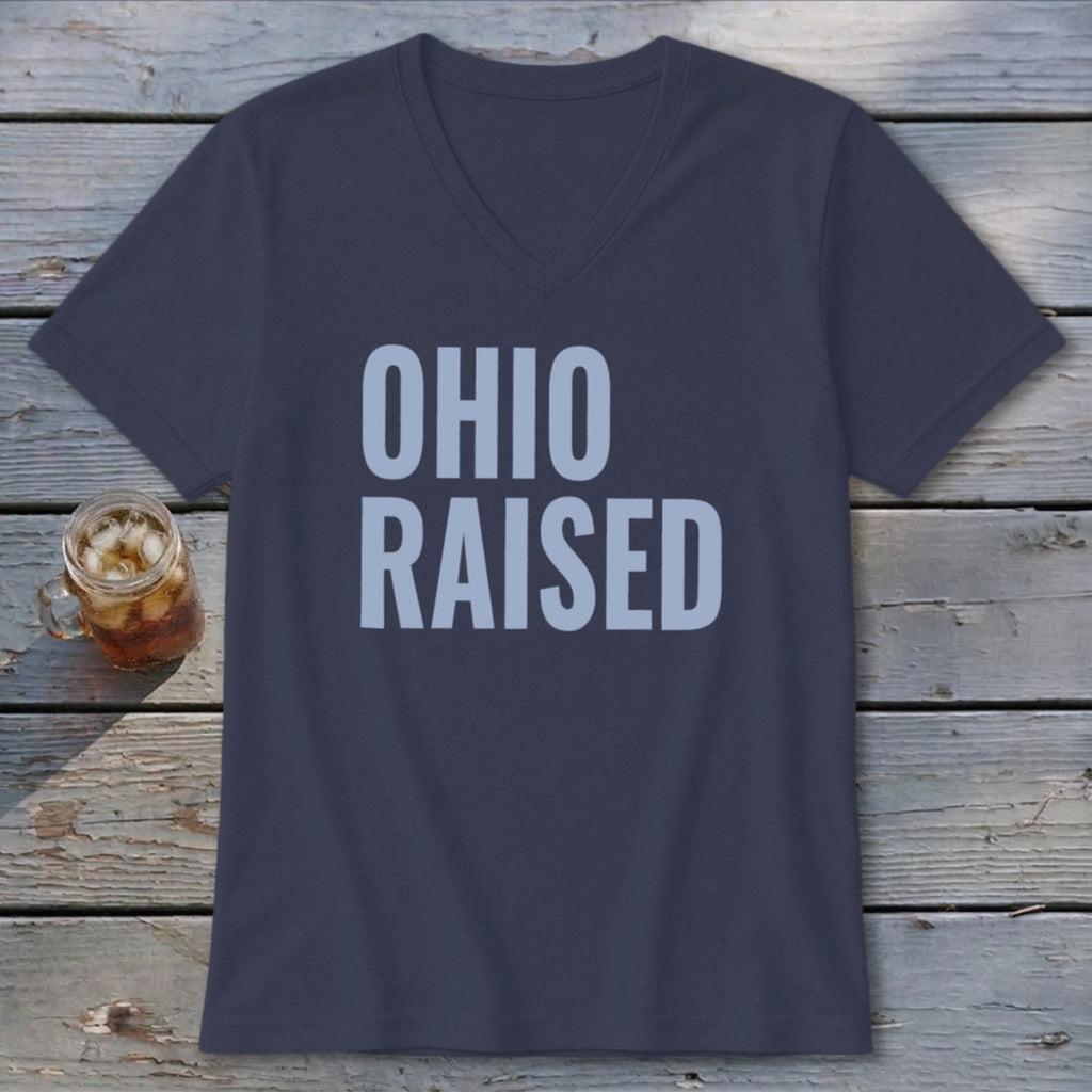 Navy v-neck t-shirt with "OHIO RAISED" text in light blue.