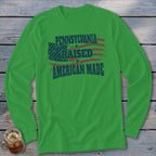 Bright green long-sleeve t-shirt with a distressed graphic reading Pennsylvania Raised American Made over an American flag.