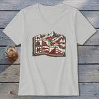 Light gray v-neck t-shirt featuring a stylized graphic of a mountain quilt landscape.