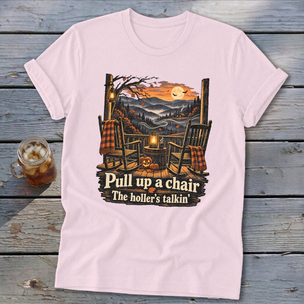 Two rocking chairs on a porch with a scenic autumn view and the text "Pull up a chair The holler's talkin'".