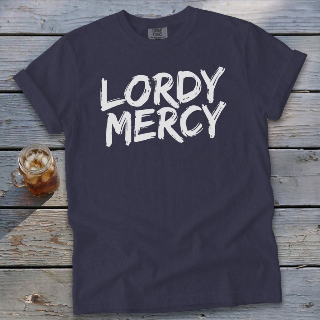 Navy t-shirt with white "LORDY MERCY" graphic print.