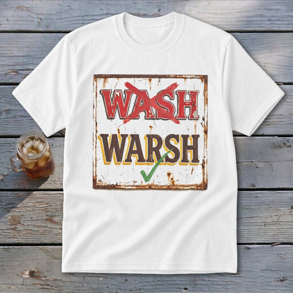 A white t-shirt featuring a rusty sign graphic with the text WASH crossed out and WARSH checked.