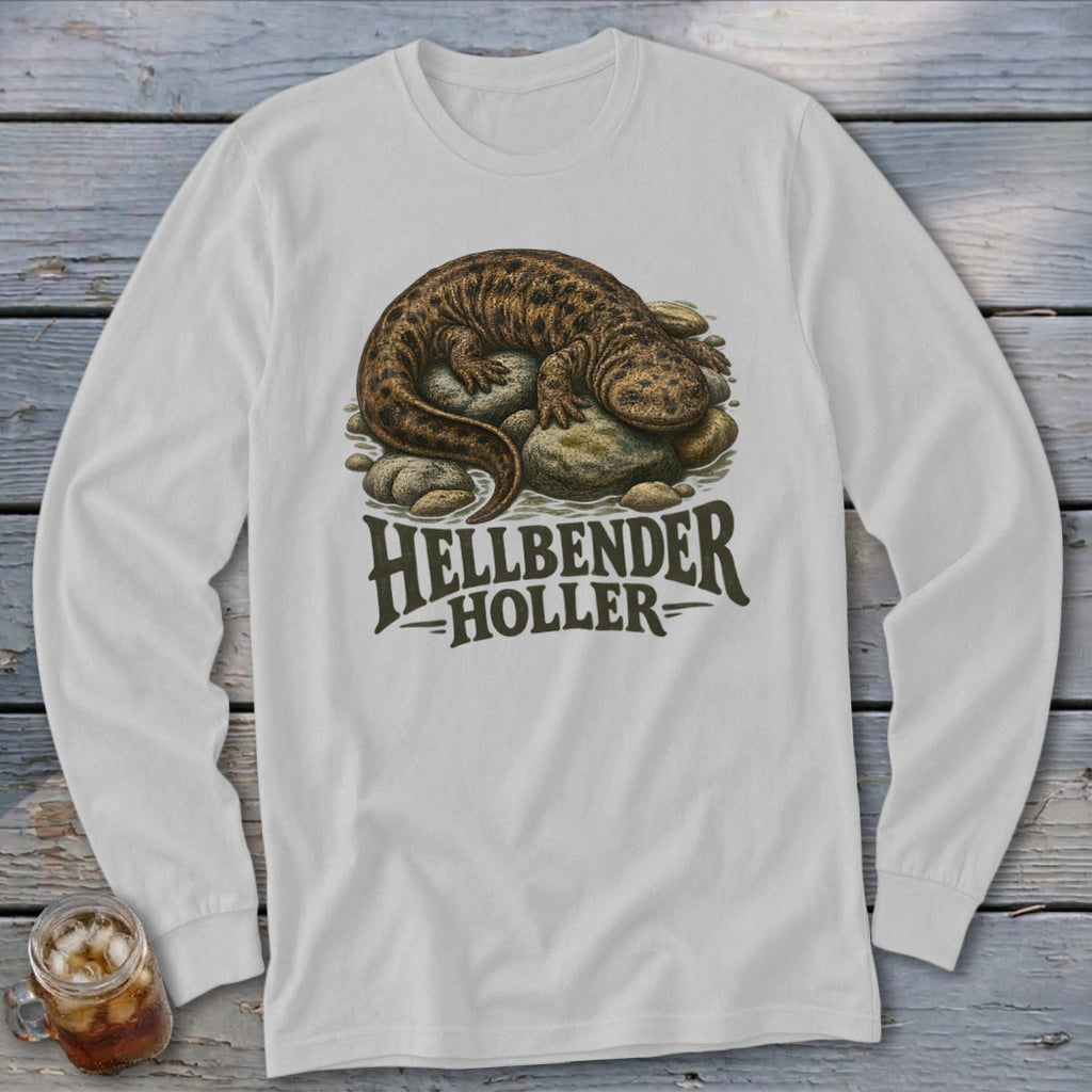 White long sleeve shirt with hellbender salamander graphic and "Hellbender Holler" text.