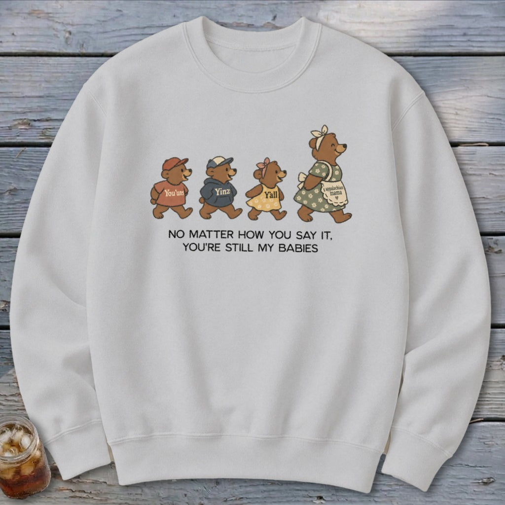 White sweatshirt with bears wearing "You'uns," "Yinz," and "Y'all" shirts, with text.