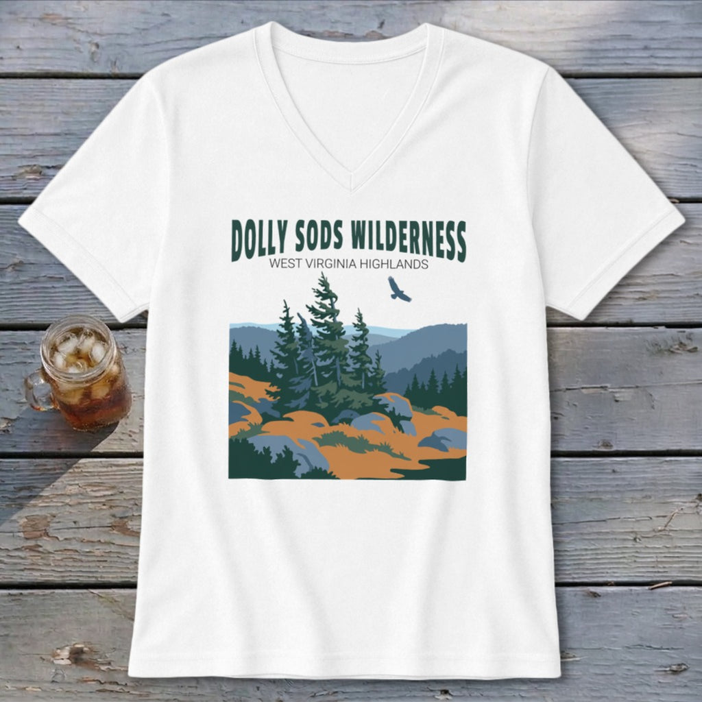 White V-neck t-shirt featuring a retro graphic of Dolly Sods Wilderness with pine trees and mountains.