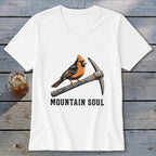 White t-shirt with cardinal and pickaxe graphic and "MOUNTAIN SOUL" text.