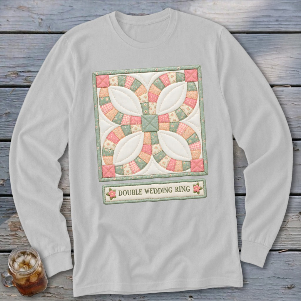 Long-sleeve shirt with a "Double Wedding Ring" quilt block design.