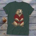 Groundhog wearing a red and black plaid shirt, printed on a dark green t-shirt.