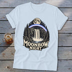 Light blue t-shirt with "Moonbow Night" text over a waterfall, moon, and rainbow graphic.