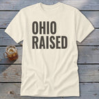 Cream t-shirt with "OHIO RAISED" in dark gray block letters