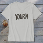 Light grey v-neck t-shirt with bold "YOUR'N" text.