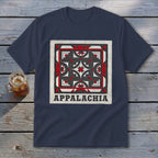 A dark blue t-shirt with a square red, white, and black quilt block pattern labeled Appalachia.