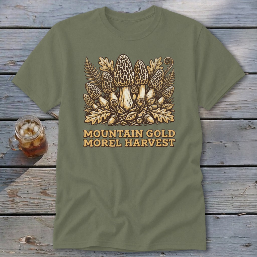Olive green t-shirt with "Mountain Gold Morel Harvest" text and mushroom illustration.
