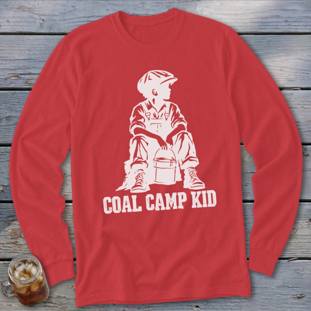 Red long sleeve shirt with white graphic of a boy in overalls and hat holding a bucket, text reads "COAL CAMP KID".