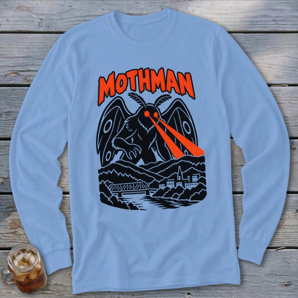 Black Mothman graphic with orange "MOTHMAN" text and red laser eyes over a town and bridge.