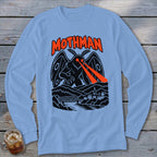 Black Mothman graphic with orange "MOTHMAN" text and red laser eyes over a town and bridge.