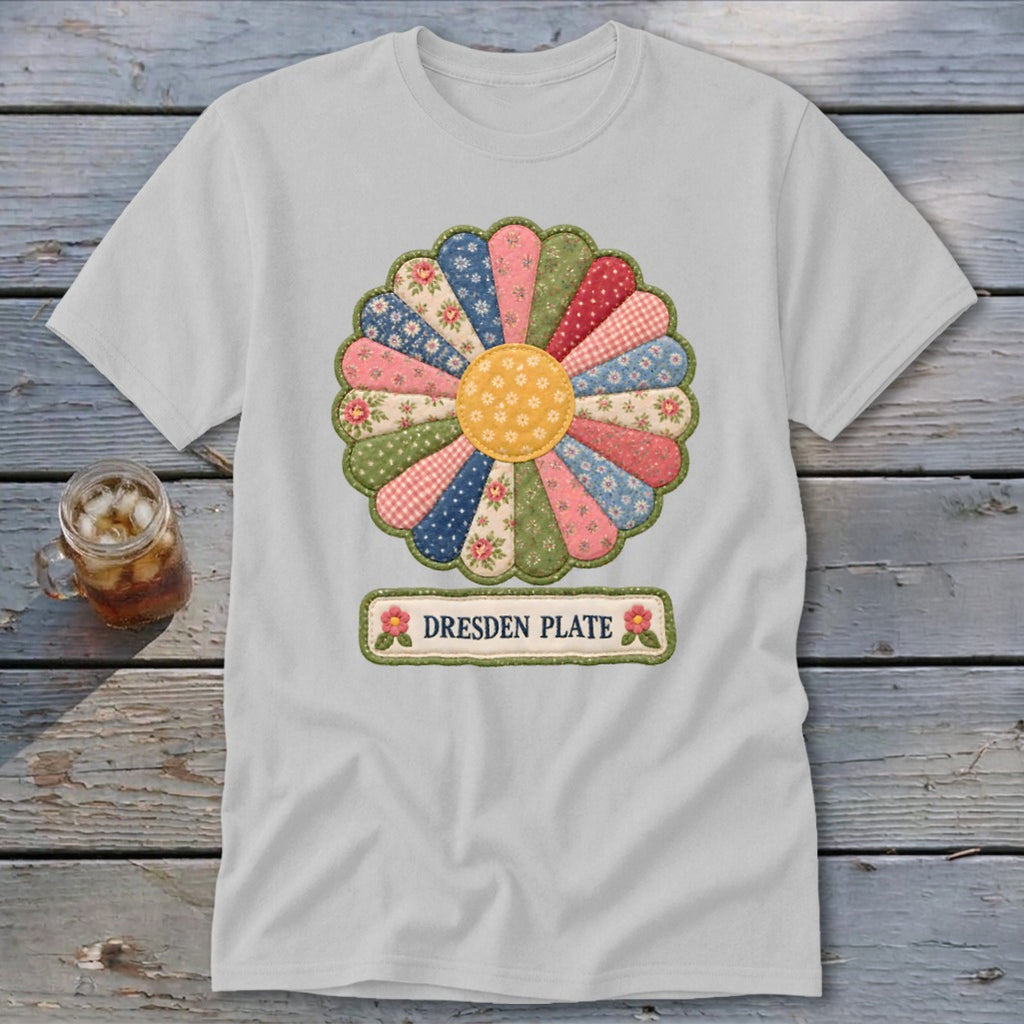 Light gray t-shirt with a colorful Dresden Plate quilt design and "Dresden Plate" text.