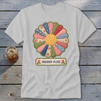 Light gray t-shirt with a colorful Dresden Plate quilt design and "Dresden Plate" text.