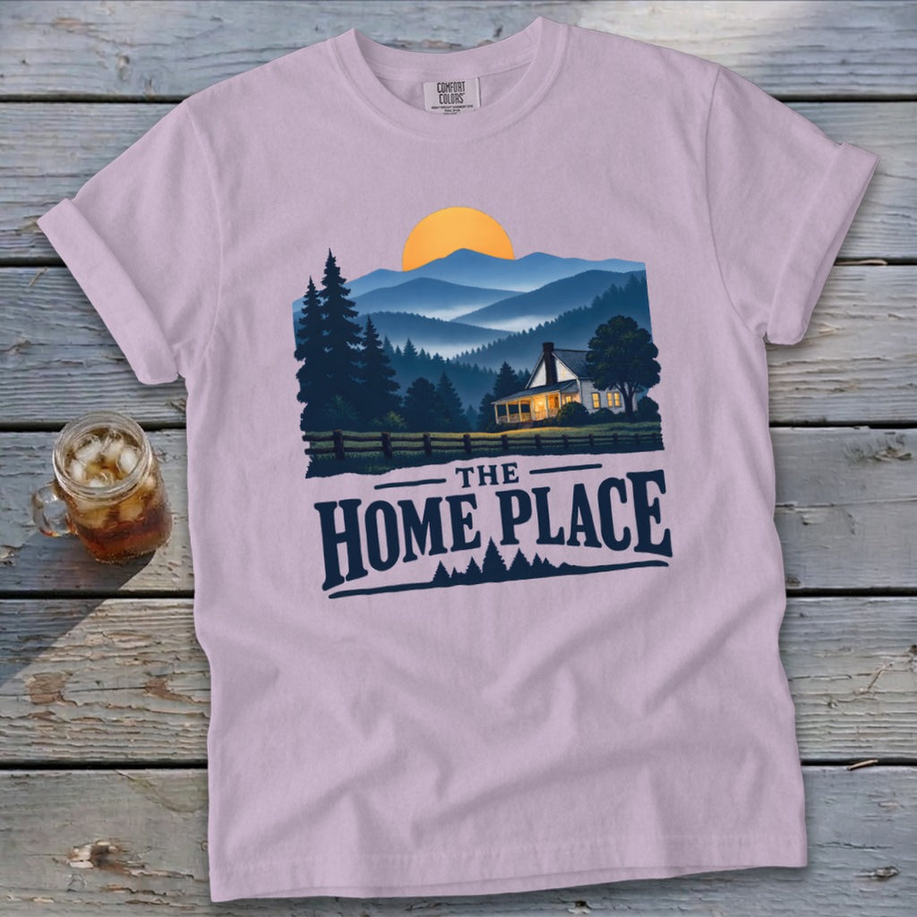 T-shirt with mountain landscape, house, and text "The Home Place".