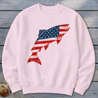 Light pink crewneck sweatshirt with a large leaping fish graphic filled with an American flag pattern.
