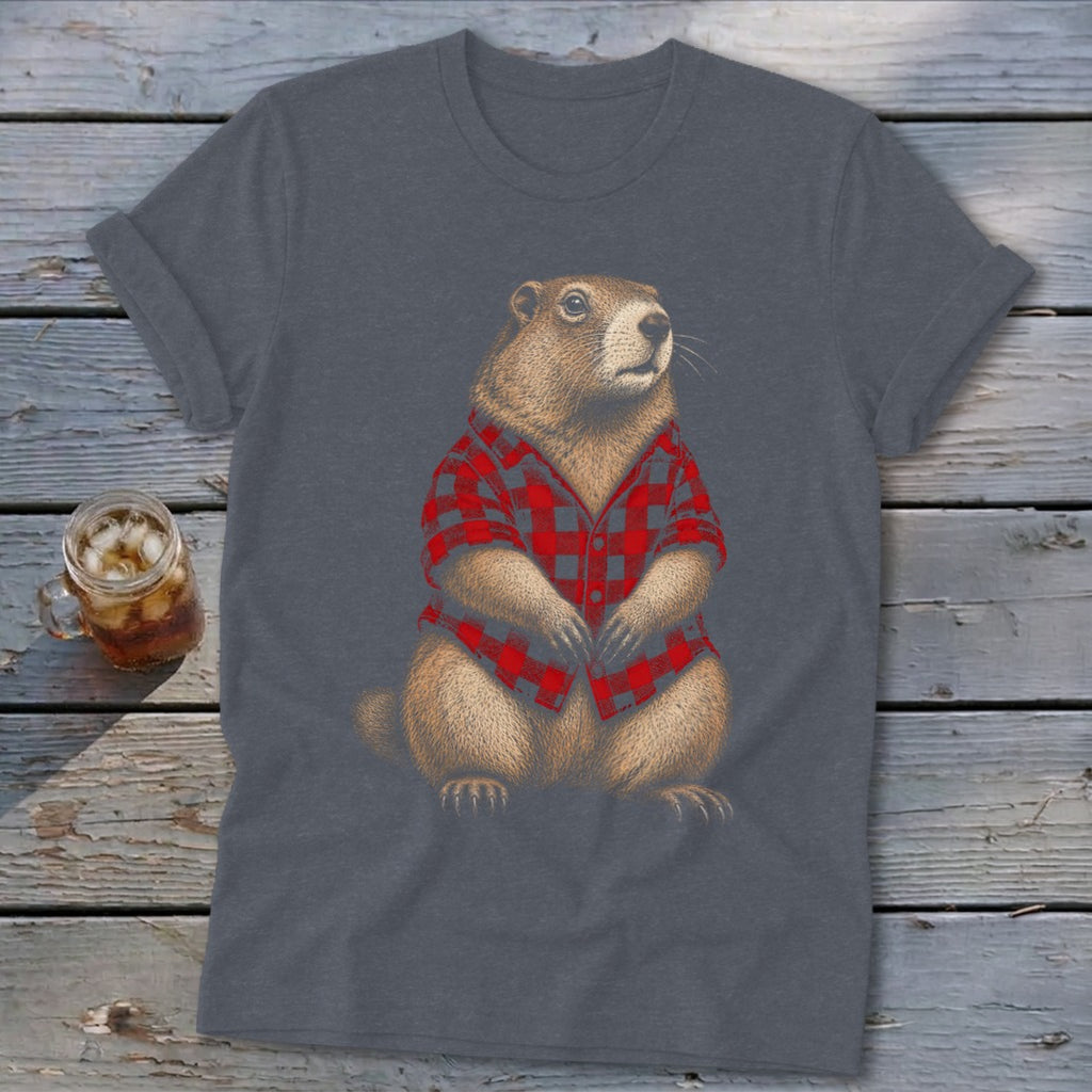 Groundhog wearing a red and gray plaid button-up shirt.