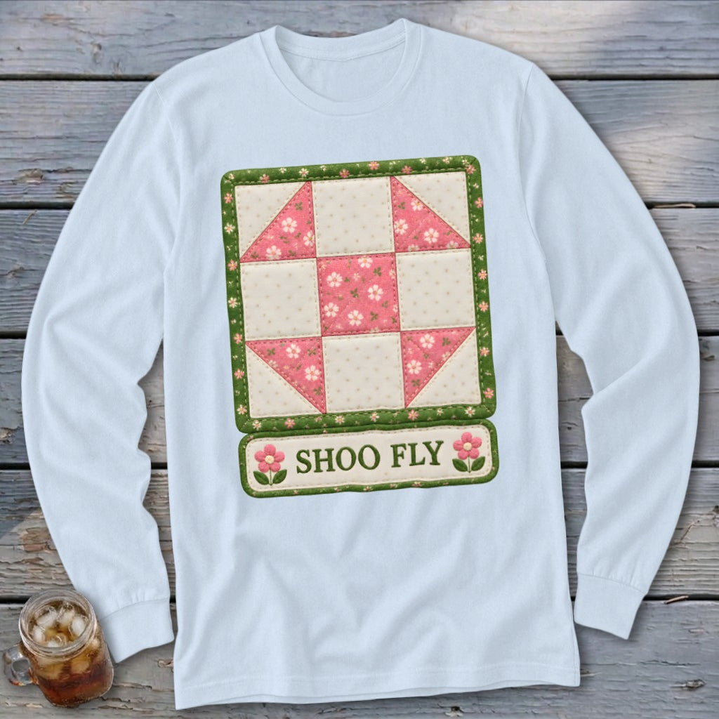 Long sleeve shirt with a "Shoo Fly" quilt block design featuring pink flowers.