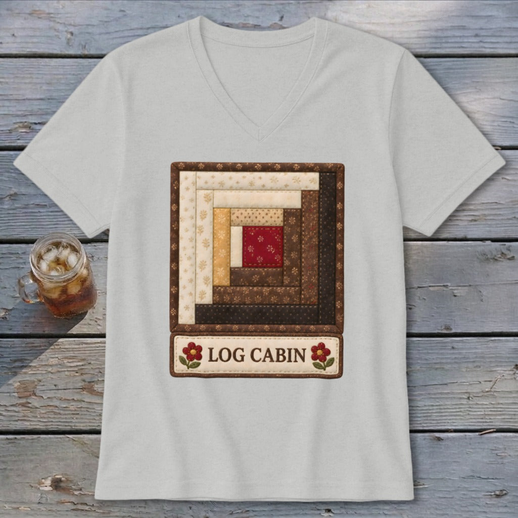 Light grey v-neck t-shirt with a square Log Cabin quilt pattern and text.