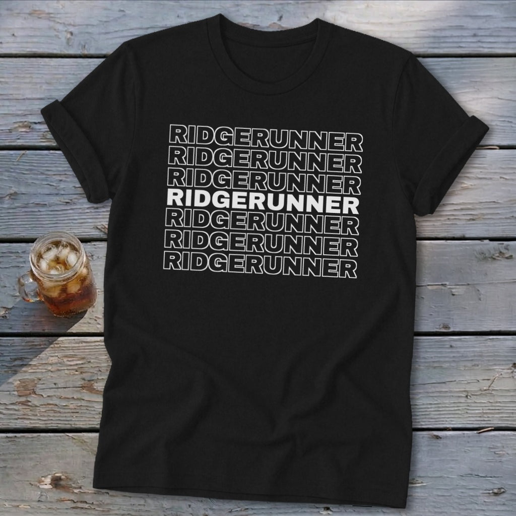 A black t-shirt with rolled-up sleeves features the word RIDGERUNNER repeatedly in white block letters.