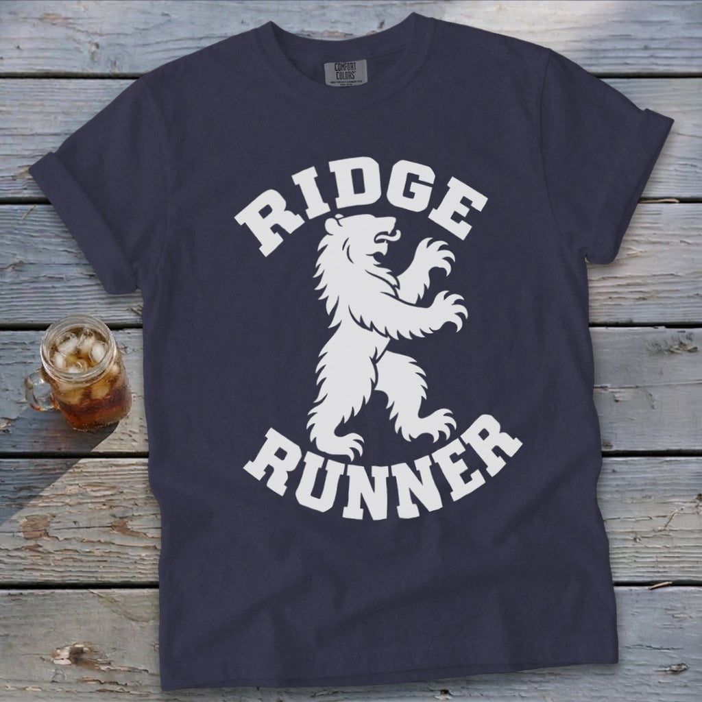 Navy t-shirt with white bear graphic and text "Ridge Runner".