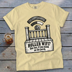 Yellow t-shirt featuring a porch graphic with the text HOLLER WIFI? One bar, if you stand on the porch.