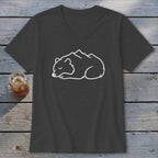 Dark grey v-neck t-shirt with a white outline graphic of a sleeping bear with mountains.