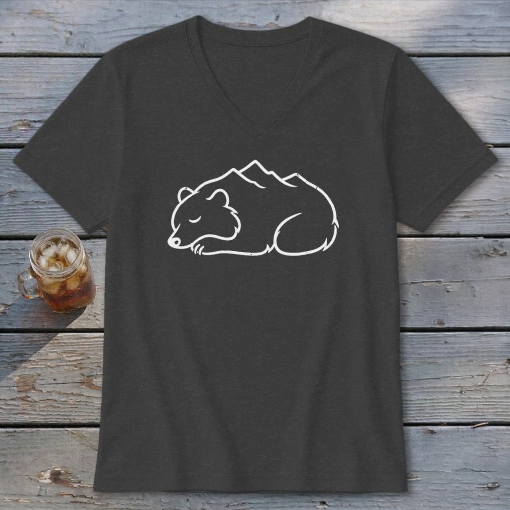 Dark grey v-neck t-shirt with a white outline graphic of a sleeping bear with mountains.