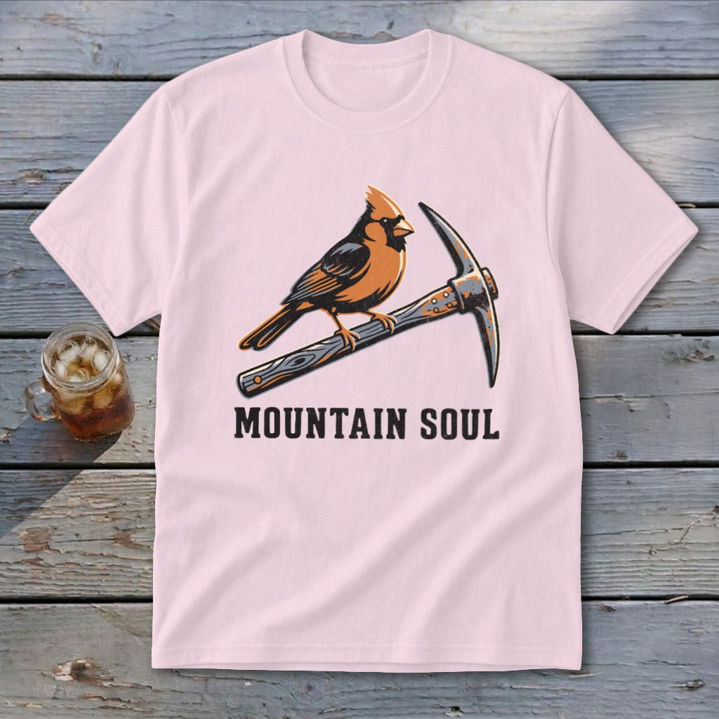 Pink t-shirt with a cardinal perched on a pickaxe, text reads "MOUNTAIN SOUL".