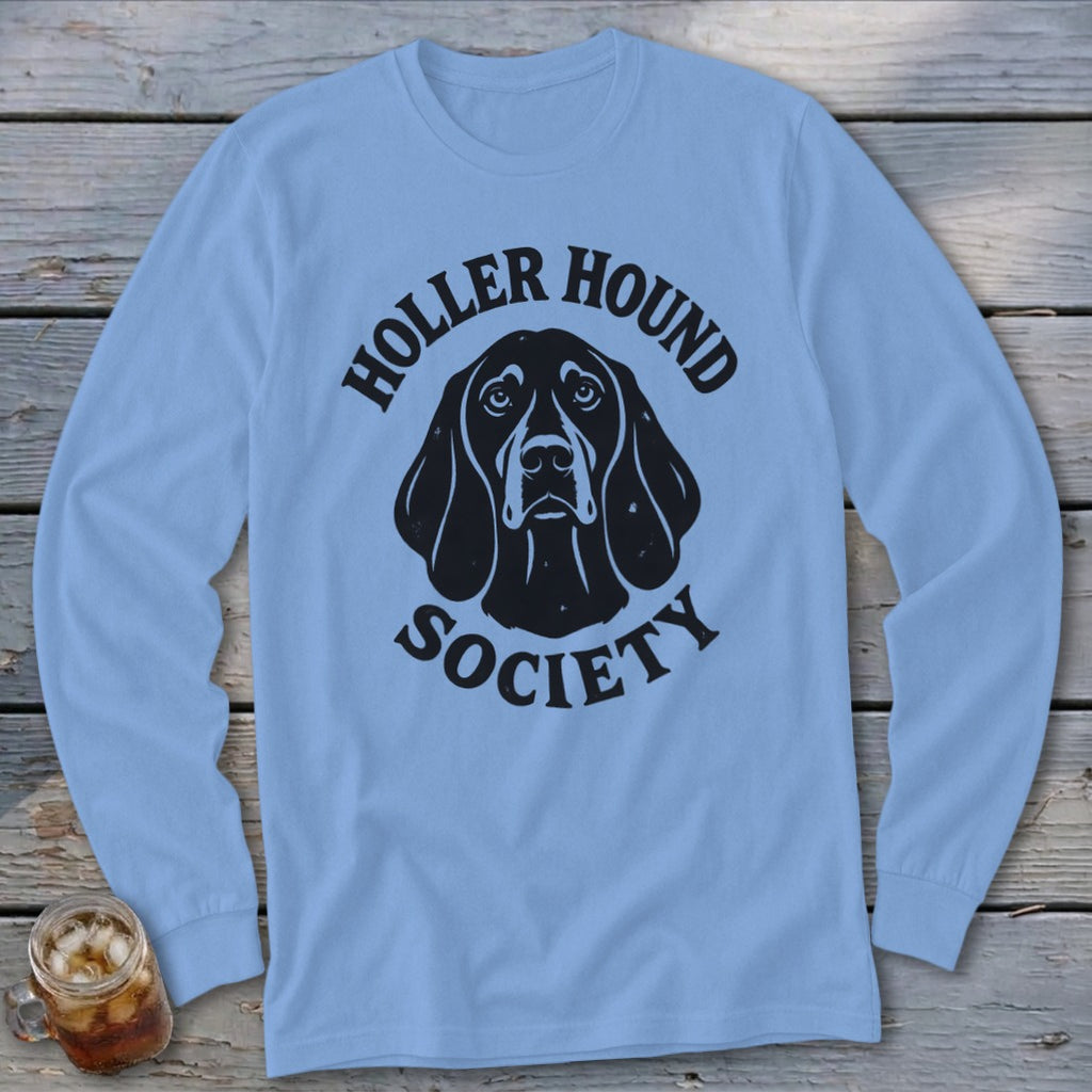 Light blue long-sleeve shirt with black "Holler Hound Society" text and dog graphic.