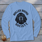 Light blue long-sleeve shirt with black "Holler Hound Society" text and dog graphic.