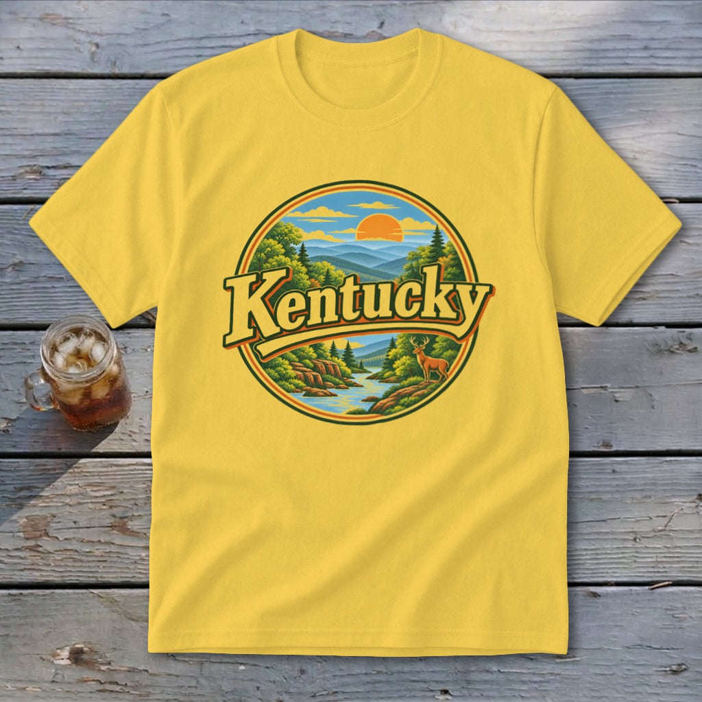 Yellow t-shirt with circular Kentucky landscape graphic and a deer.