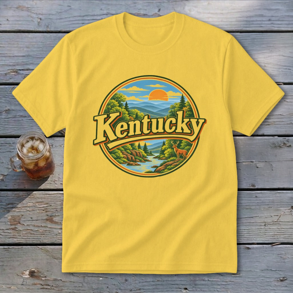 Yellow t-shirt with circular Kentucky landscape graphic and a deer.
