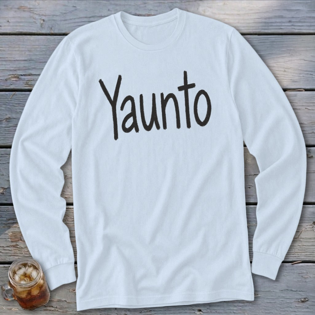 White long-sleeve shirt with black "Yaunto" text.