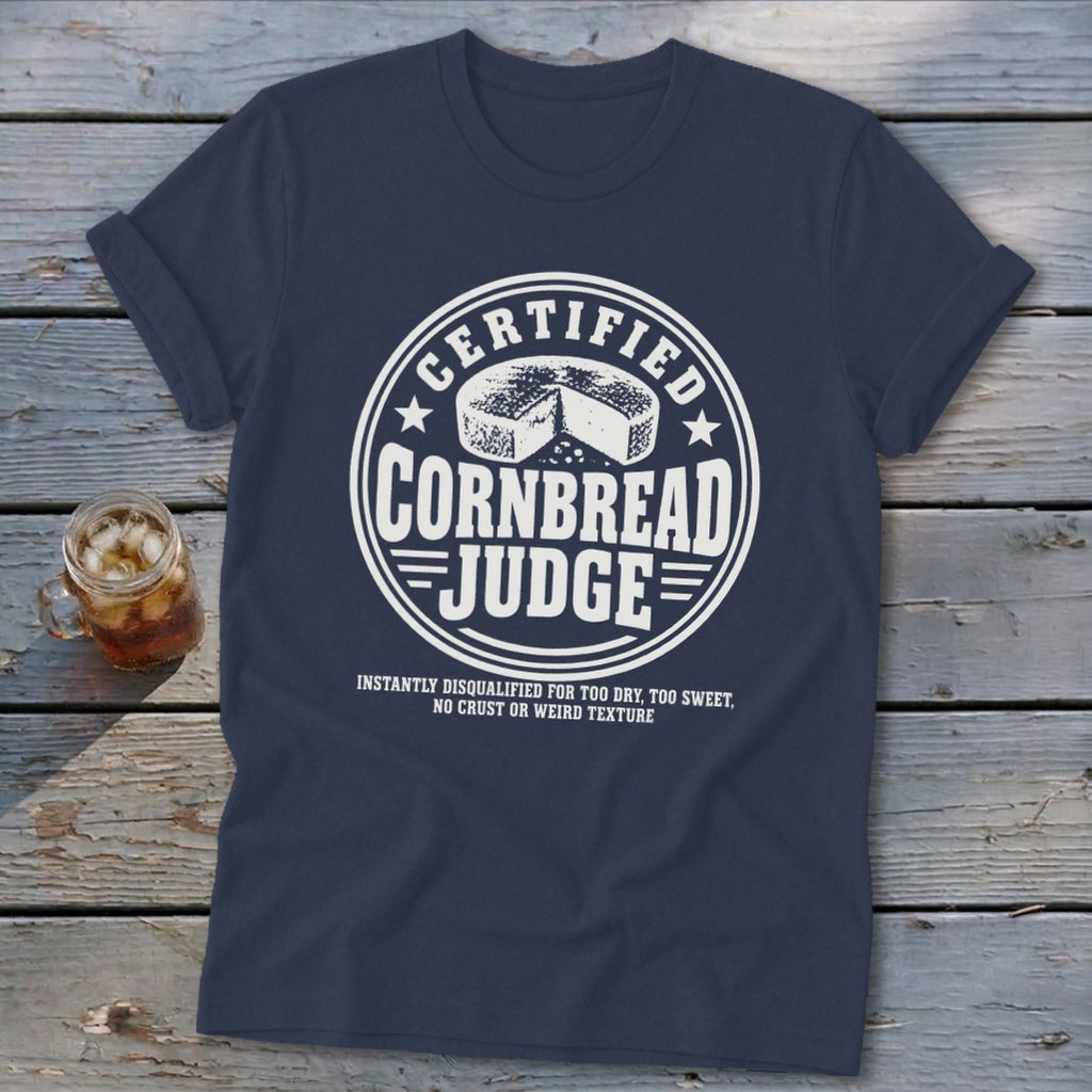 A navy blue t-shirt with white text reading Certified Cornbread Judge and a graphic of a cornbread wheel.