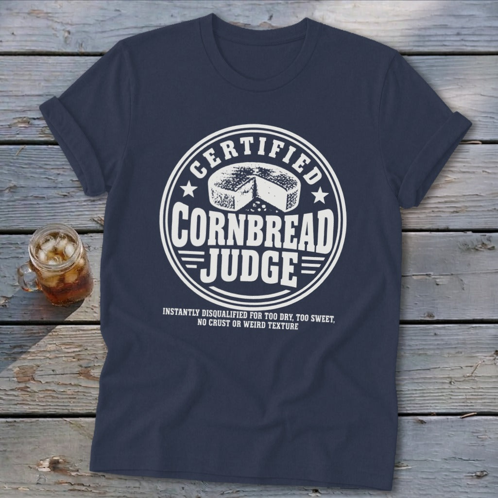 A navy blue t-shirt with white text reading Certified Cornbread Judge and a graphic of a cornbread wheel.