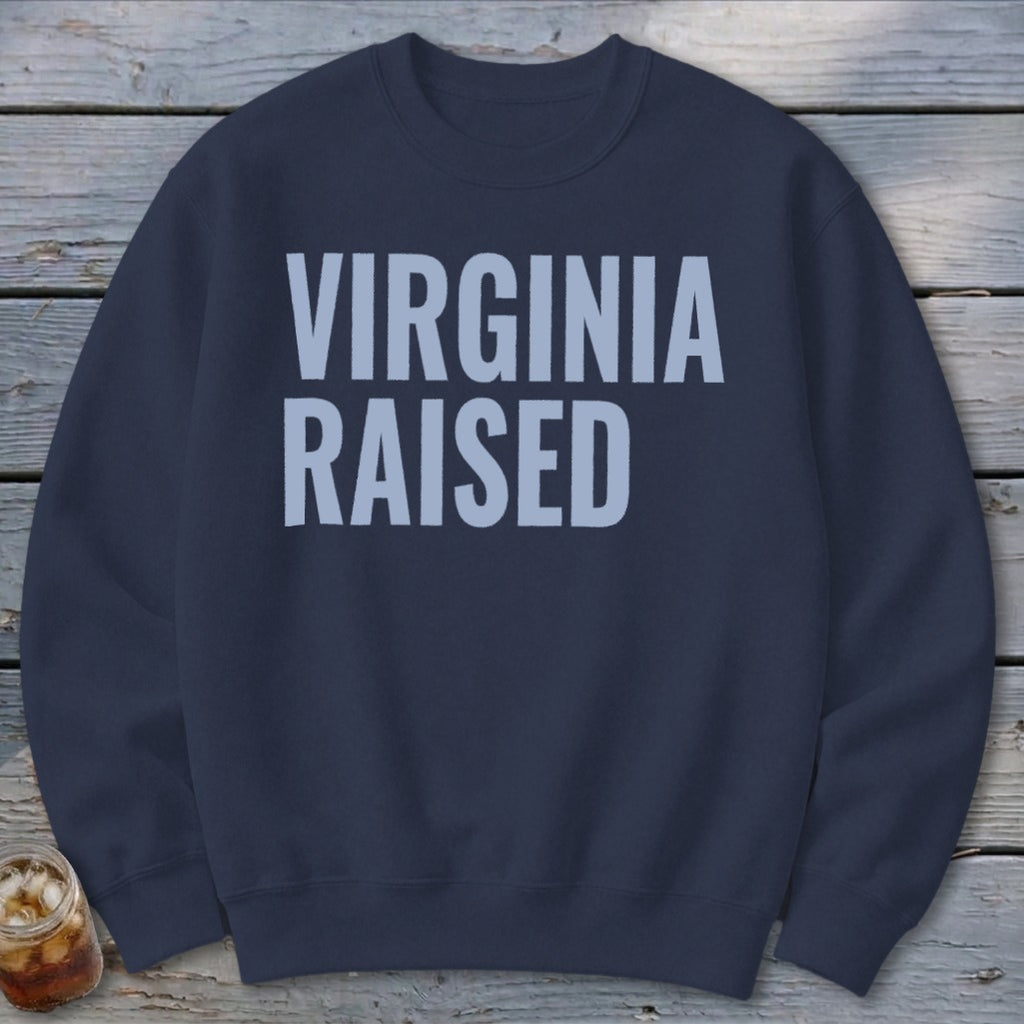 Navy sweatshirt with "VIRGINIA RAISED" in light blue text.